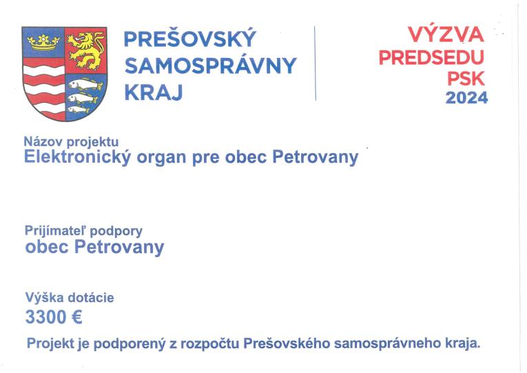 Elektronický organ pre obec Petrovany podpodený z rozpočtu PSK
