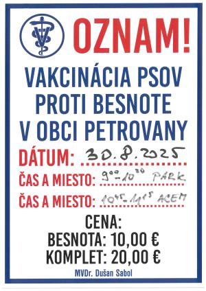 Vakcinácia psov proti besnote v obci Petrovany 30.08.2025