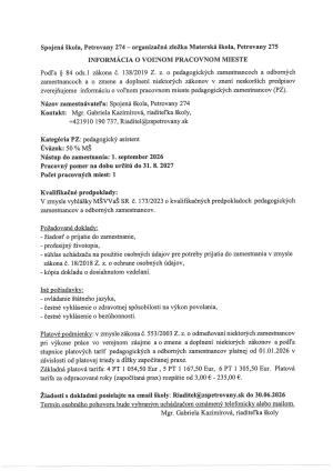 Pracovná ponuka - pedagogický asistent 50% MŠ - Spojená škola Petrovany