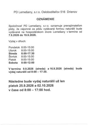 Oznam PD Lemešany - výdaj naturálií